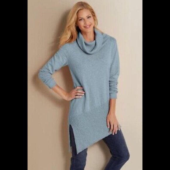 Soft Surroundings | Blue Gray Turtleneck Asymmetric Hem Sweater Size 1X - Picture 1 of 8